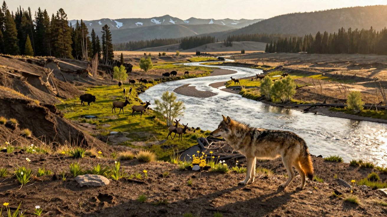 Lobo observa rebanho de veados e búfalos junto a rio serpenteante numa paisagem de montanha ao pôr do sol.