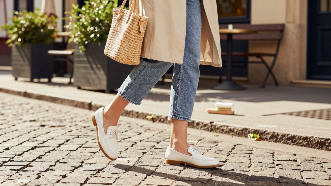 Pessoa a caminhar numa rua de calçada, usando sapatos brancos e calças de ganga com um casaco bege.
