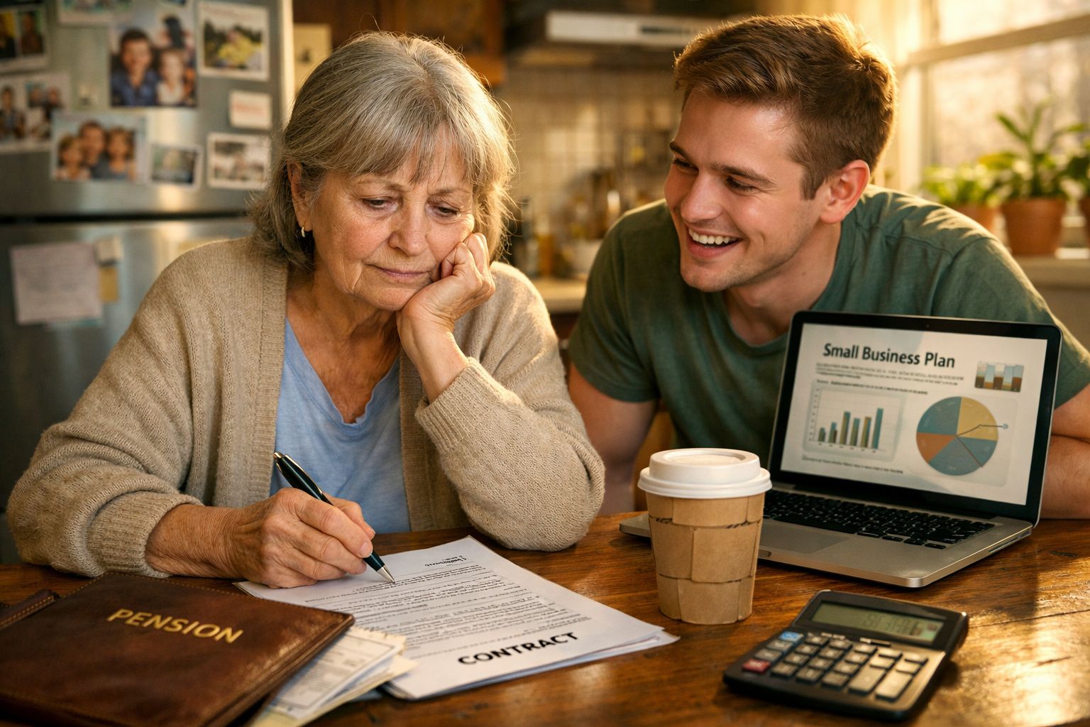 Mulher idosa e homem jovem a discutir um contrato com laptop e documentos na mesa de madeira na cozinha.