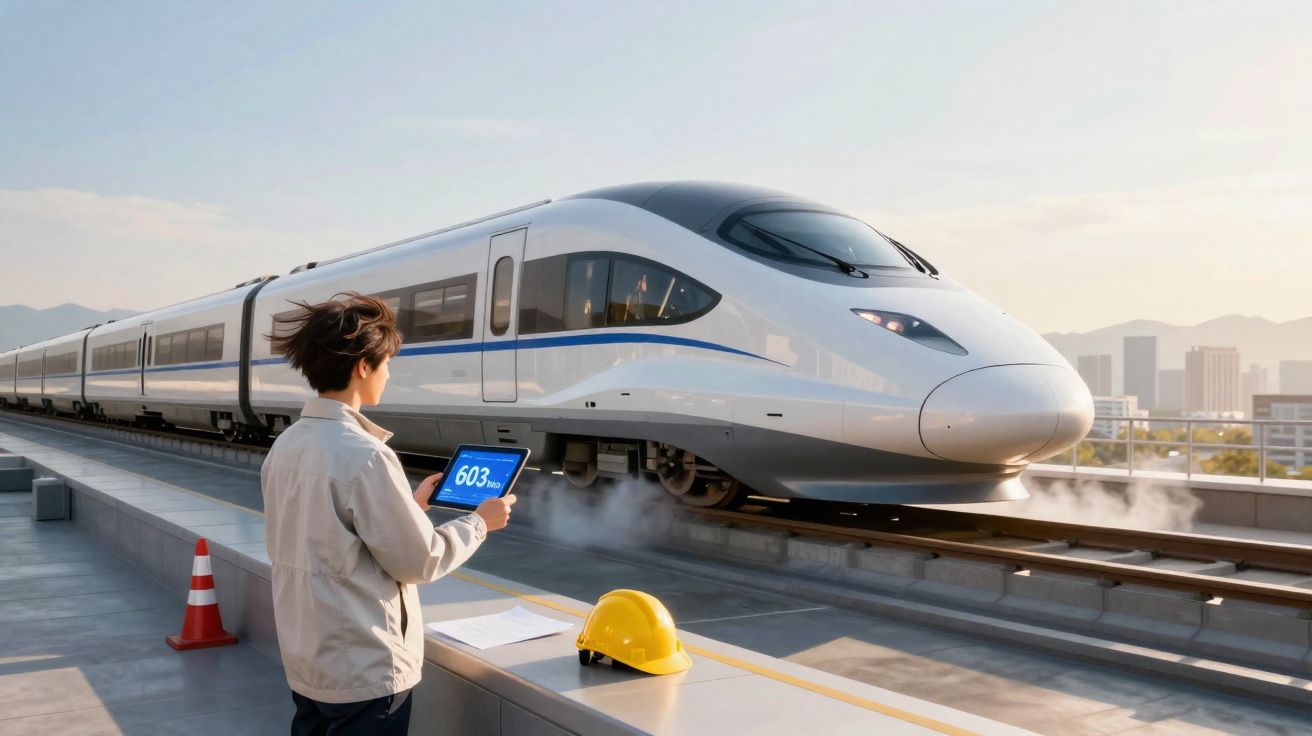 Pessoa com tablet controla e verifica alta velocidade de comboio rápido numa plataforma urbana.