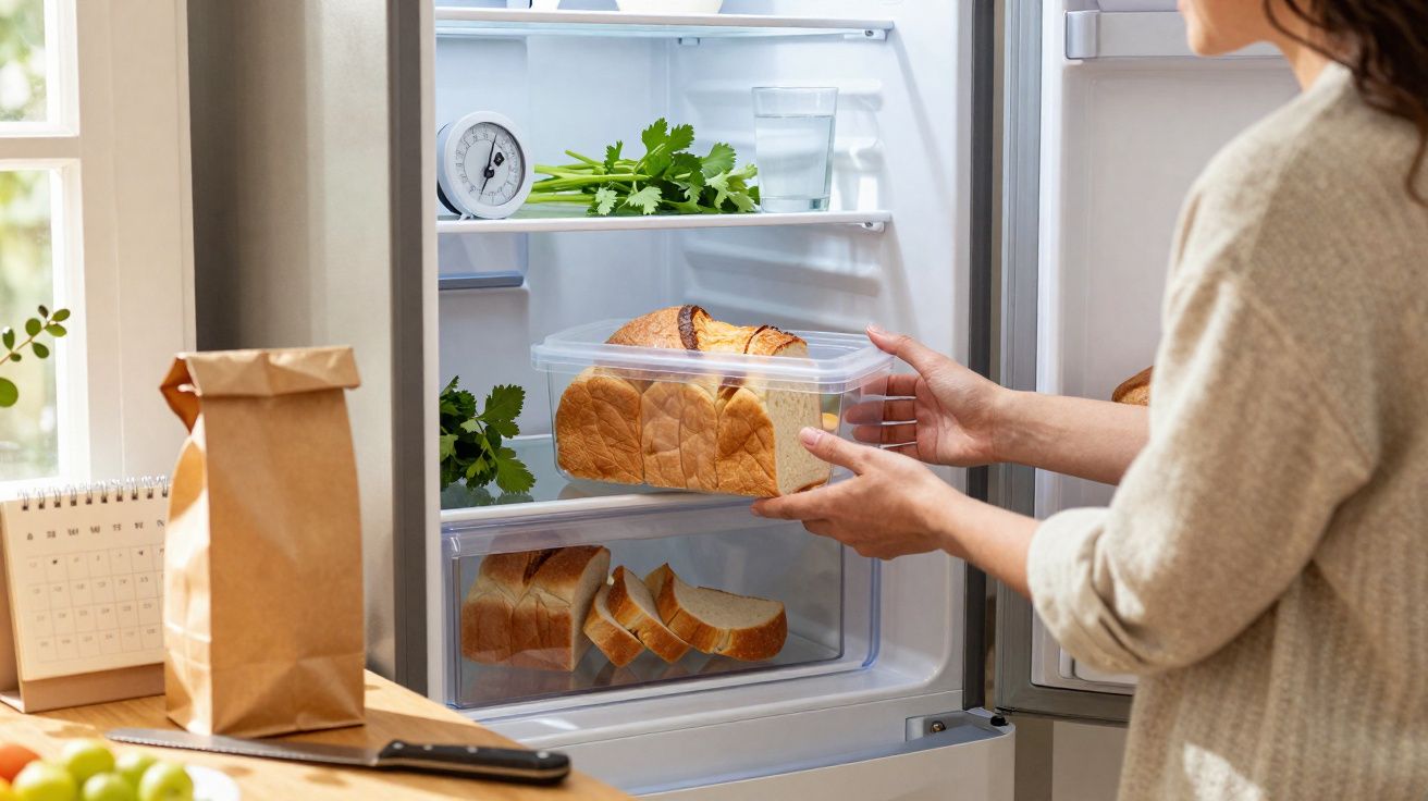 Pessoa a guardar pão fatiado num recipiente plástico dentro do frigorífico aberto.