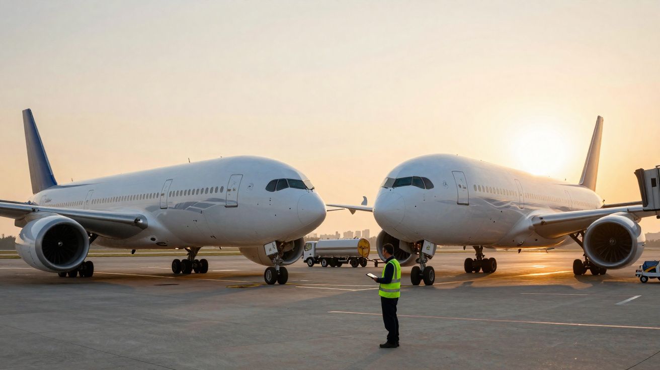 Duas aeronaves brancas no aeroporto ao pôr do sol com trabalhador em colete refletor a consultar dispositivo.