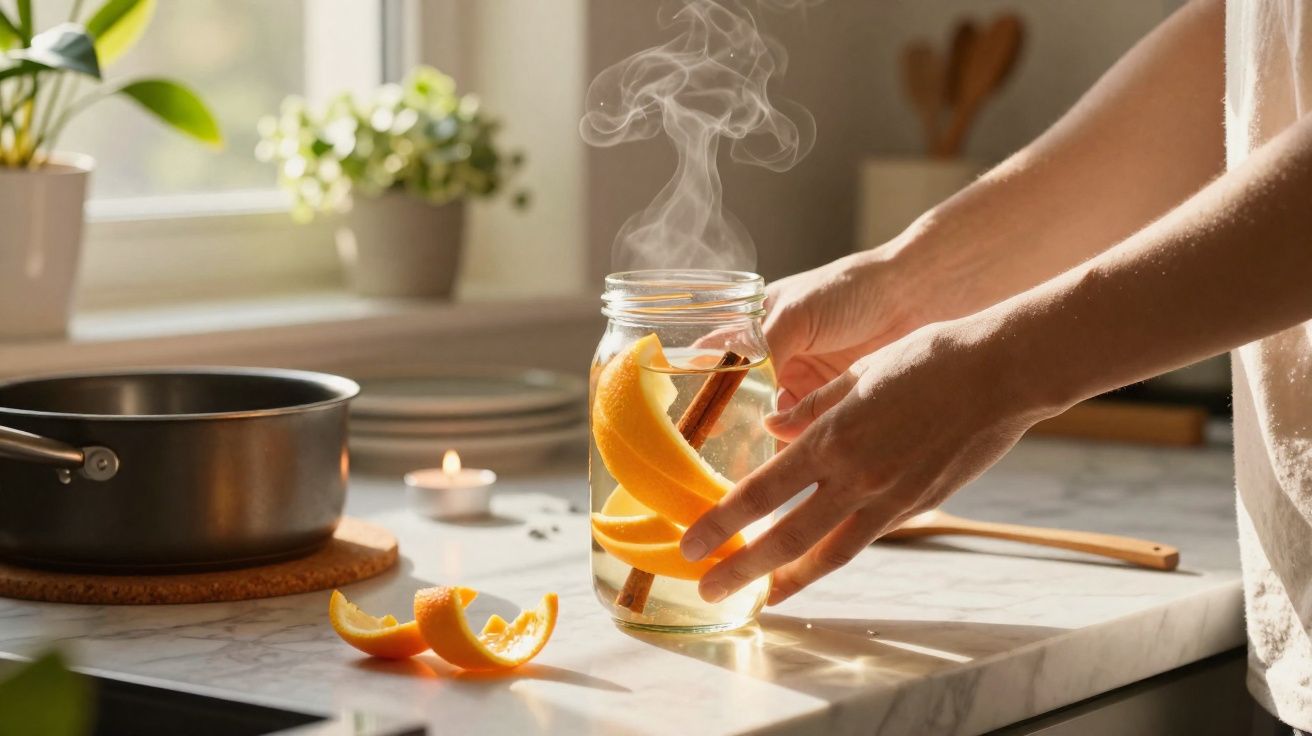 Mãos a colocar pau de canela e casca de laranja em jarro com bebida quente numa cozinha iluminada.