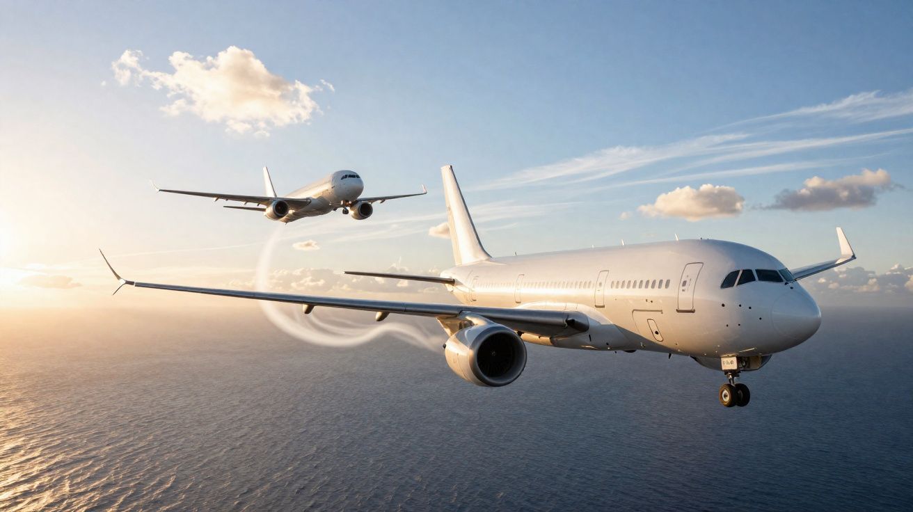 Dois aviões comerciais a voar sobre o oceano ao pôr do sol, com céu azul e algumas nuvens.