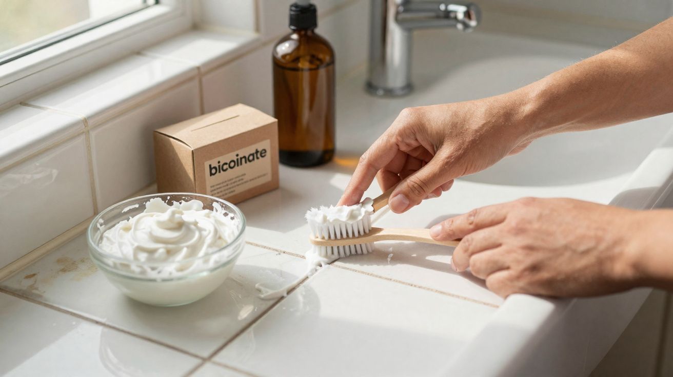 Mãos a aplicar creme espesso com escova de dentes numa superfície de azulejos brancos junto a uma janela.