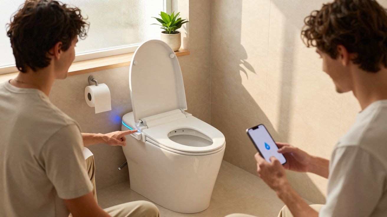 Homem sentado junto a sanita inteligente, usando comando e aplicação móvel num banheiro iluminado.