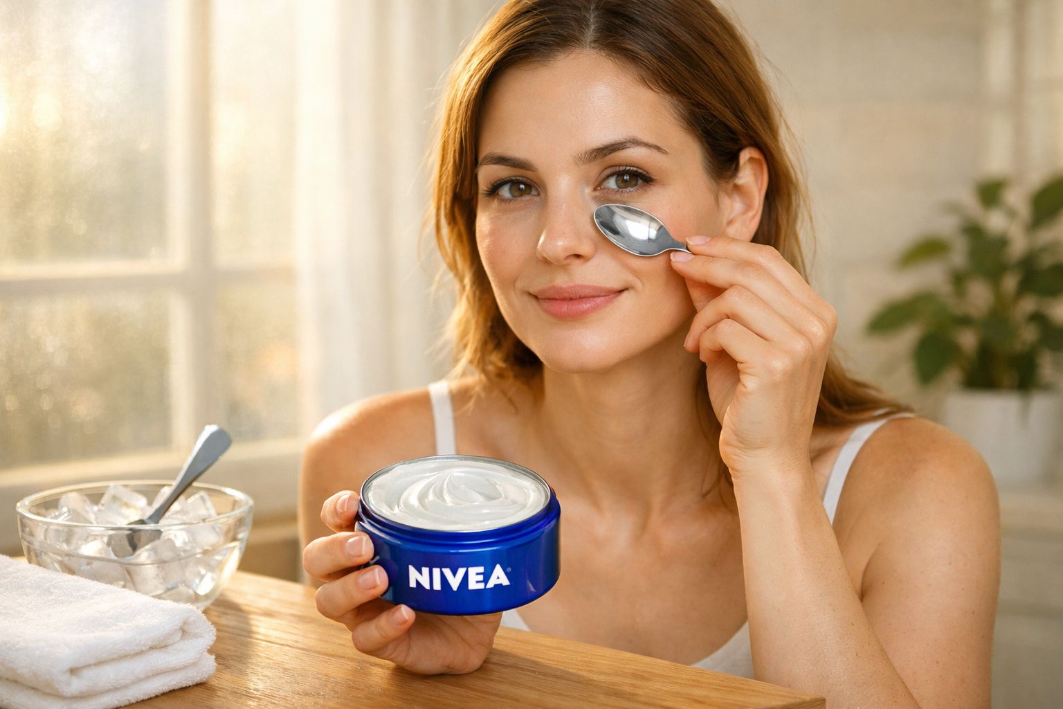 Mulher aplica creme Nivea no rosto com colher pequena, à luz natural junto a janela e planta.