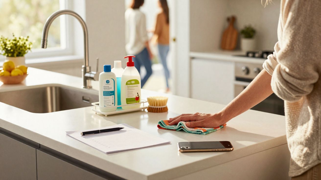 Pessoa a limpar bancada de cozinha branca com pano, perto de produtos de limpeza, telemóvel e papel com caneta.