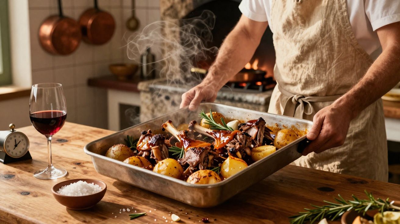 Pessoa a servir peru assado com batatas e ervas numa bancada de cozinha rústica, com copo de vinho tinto.