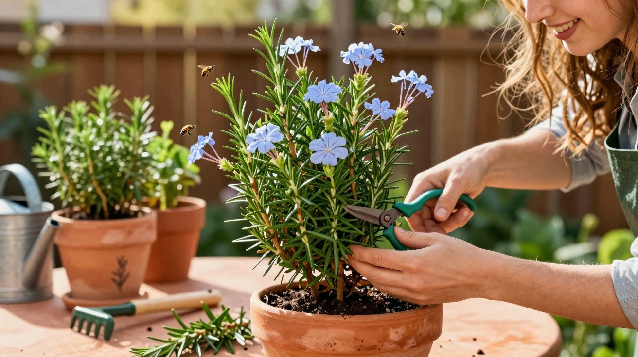 Pessoa a podar planta com flores azuis num vaso de barro numa mesa de jardim ao ar livre.