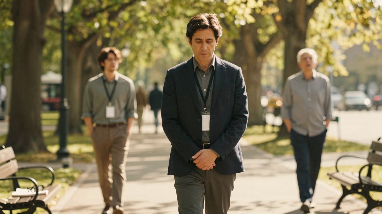 Homens de diferentes idades a caminhar num parque com árvores e bancos ao redor numa tarde ensolarada.