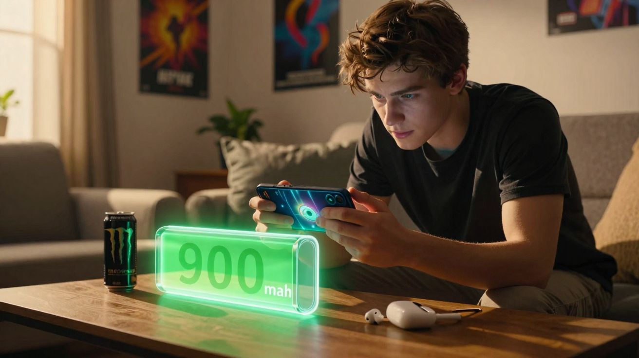 Jovem a jogar num smartphone com efeito holográfico indicando bateria de 900 mAh numa sala com mesa e lata de bebida.