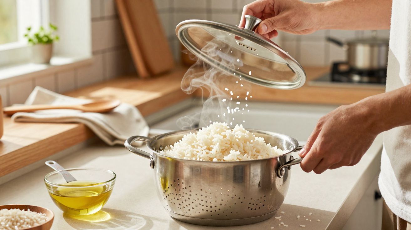 Mãos a abrir tampa de panela com arroz cozido a vapor numa cozinha clara e moderna.