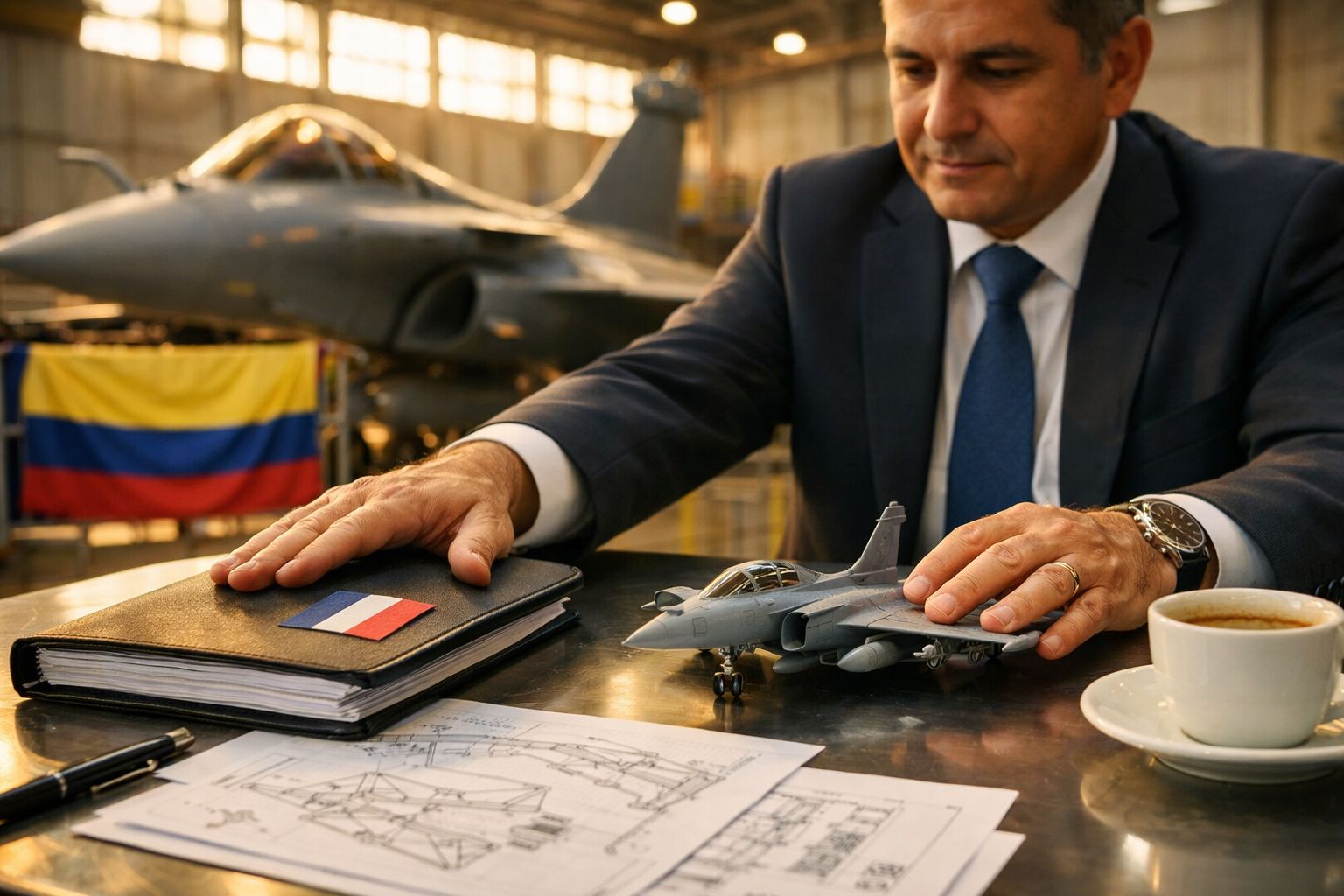 Homem de fato manipula modelo de avião militar numa mesa com documentos, pasta e café, com caça ao fundo.