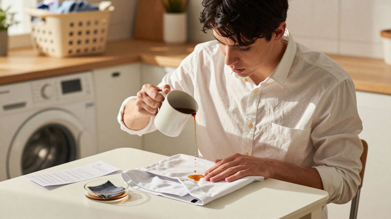 Homem a verter líquido castanho sobre camisa branca para testar remoção de nódoas em casa.
