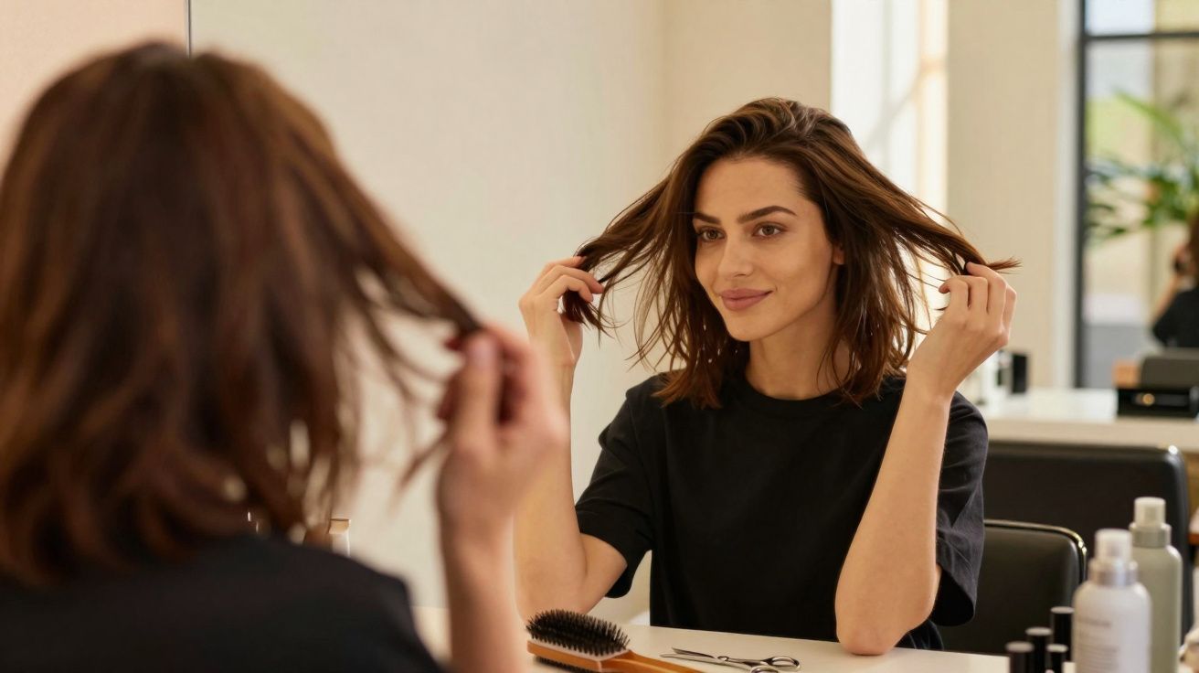 Mulher sentada em frente a um espelho, mexendo no cabelo, com escova e produtos de beleza na mesa.