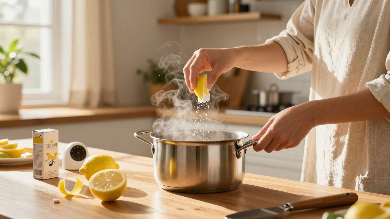 Pessoa a espremer limão sobre uma panela com vapor numa cozinha iluminada pelo sol.