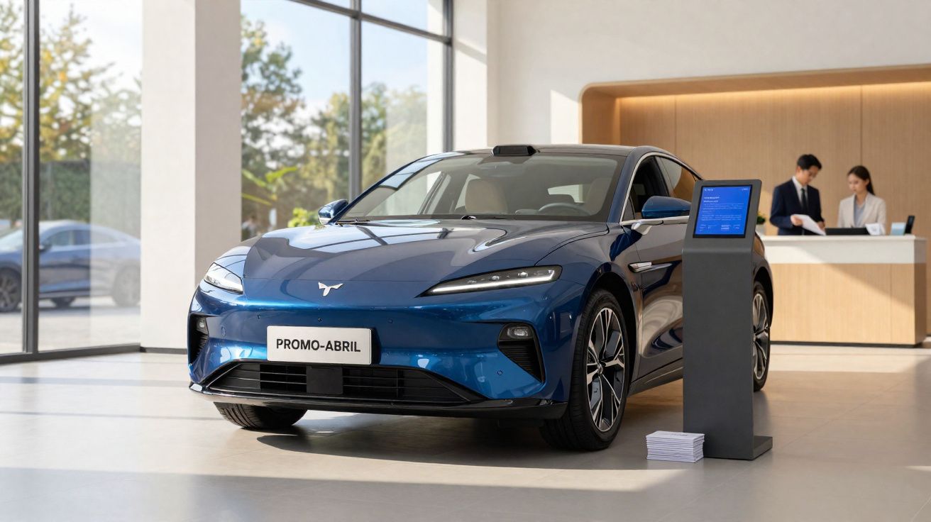 Carro elétrico azul exposto num showroom moderno com placa promocional "PROMO-ABRIL" e dois funcionários ao fundo.