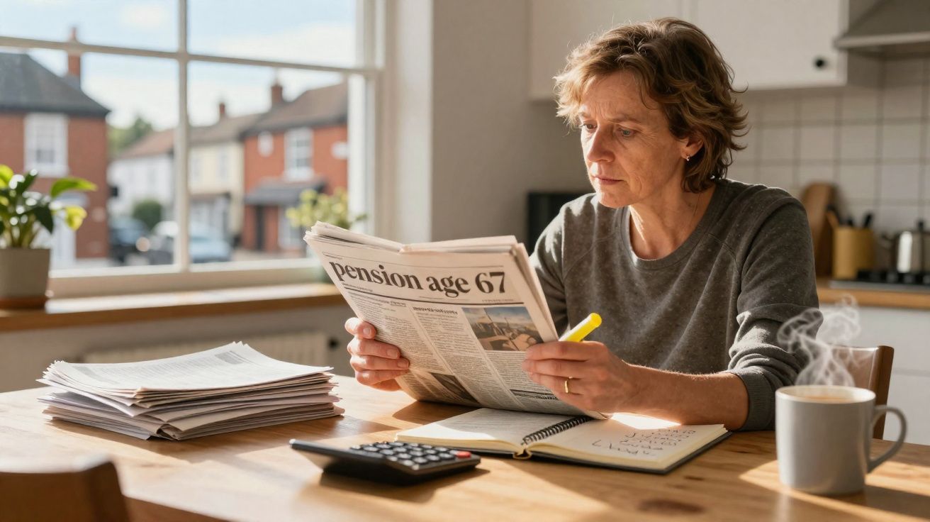Mulher sentada à mesa em cozinha a ler jornal sobre pensão, com caderno, calculadora e chá quente à frente.