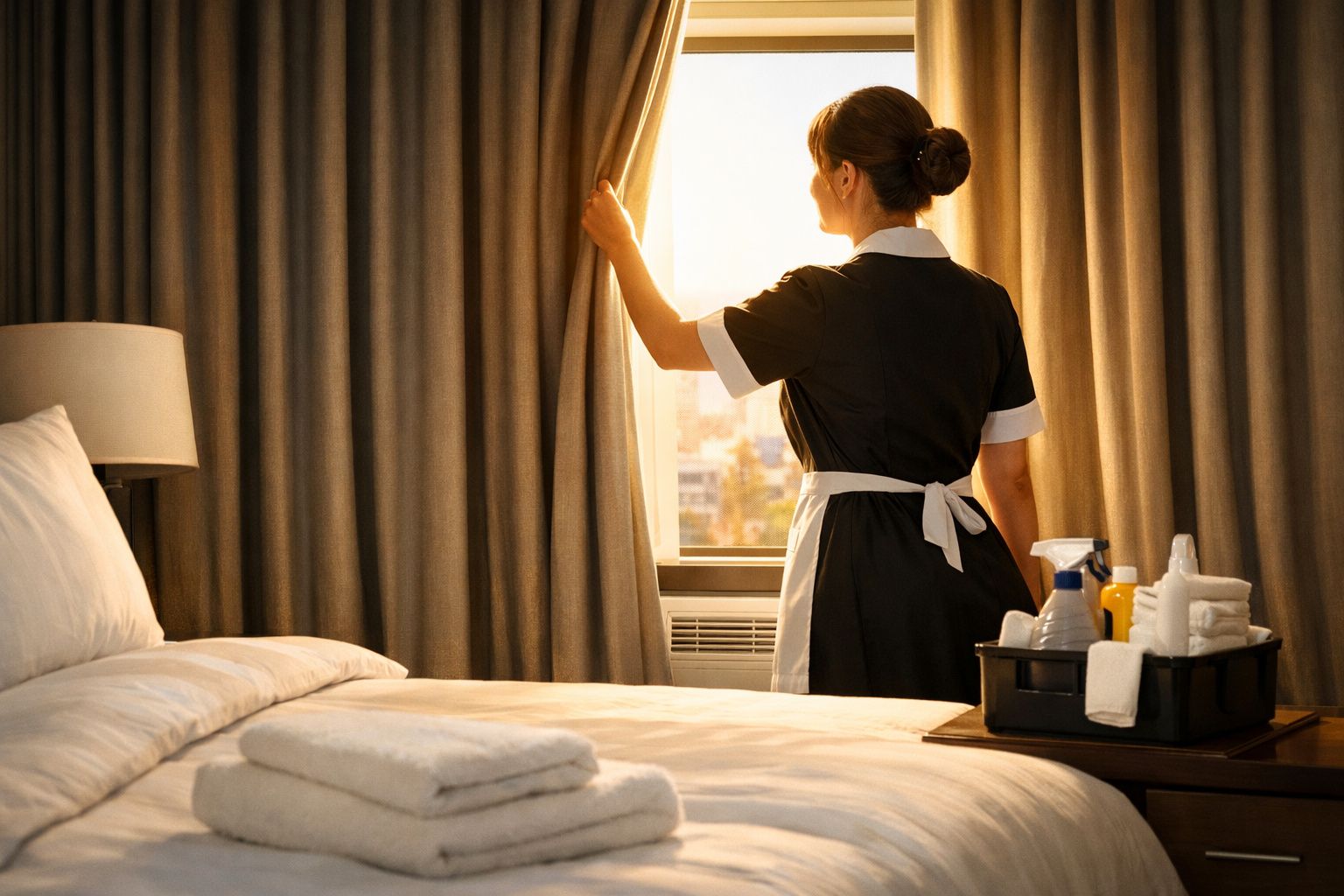 Empregada doméstica a abrir cortinas num quarto de hotel arrumado e iluminado pela luz do dia.