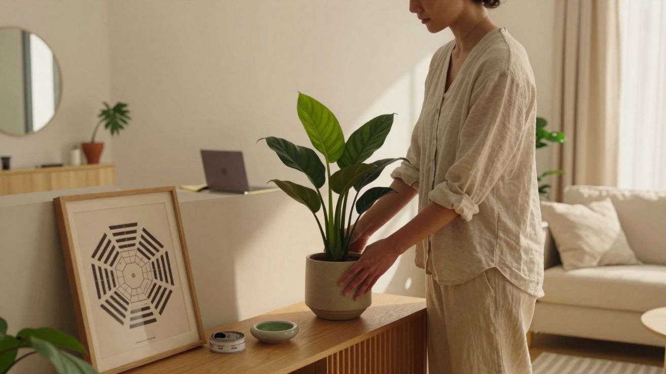 Pessoa a organizar planta num vaso numa sala de estar com decoração minimalista e luz natural.