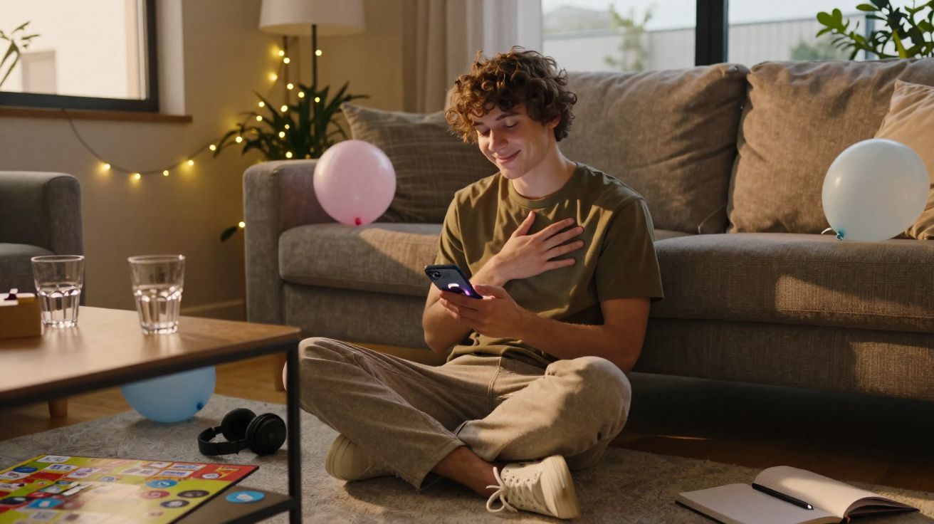 Jovem sentado no chão da sala sorri ao ler mensagem no telemóvel, rodeado por balões e luzes decorativas.