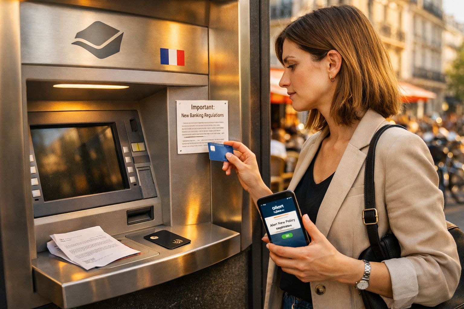 Mulher a usar cartão e smartphone num multibanco, em ambiente urbano com bandeira de França visível.