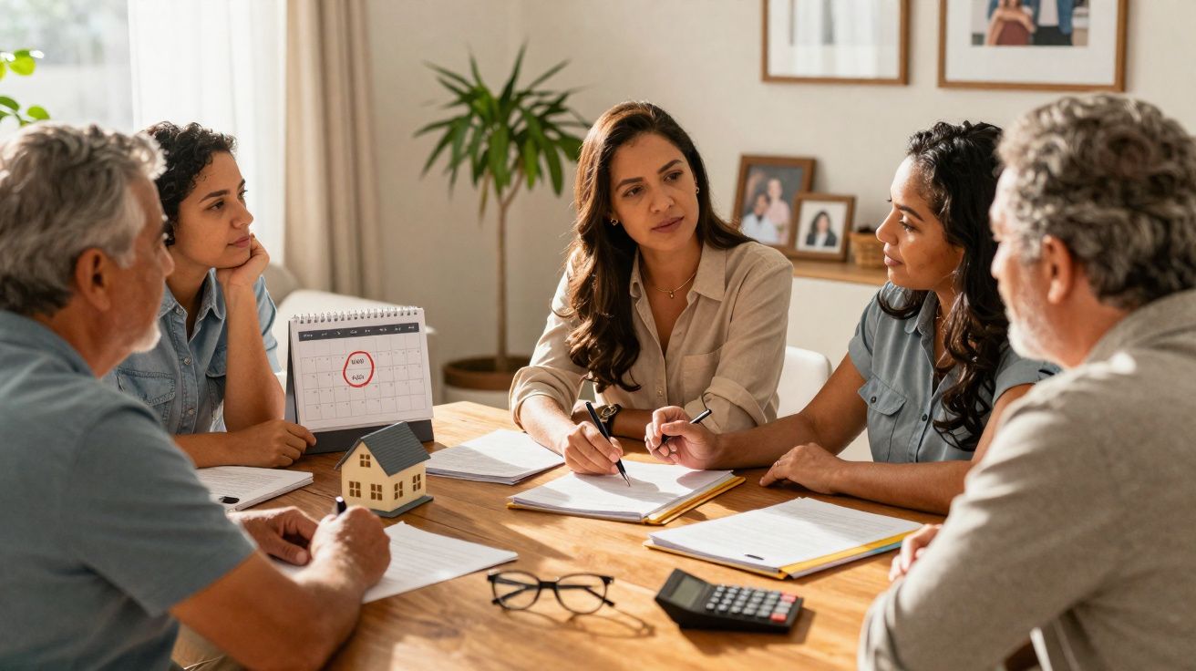 Grupo de cinco pessoas reunidas numa mesa a discutir documentos e planeamento financeiro.