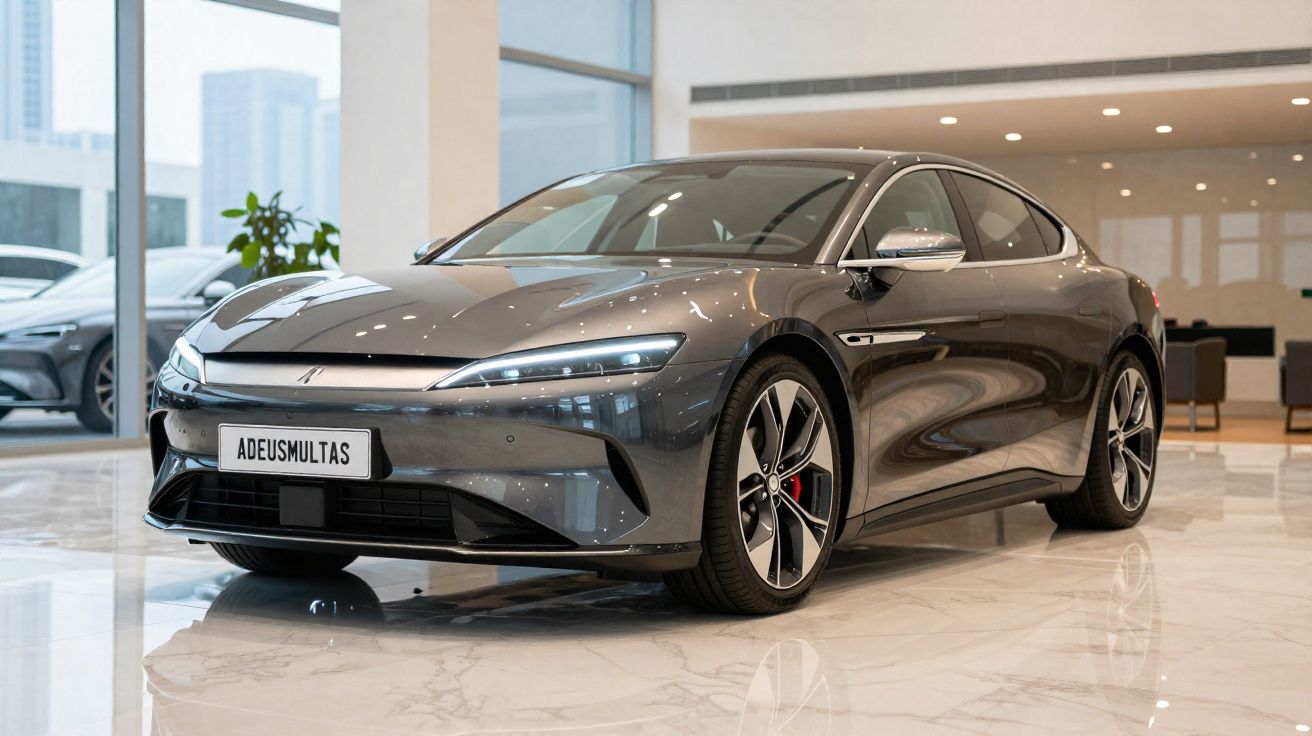 Carro elétrico cinzento escuro em exposição num showroom moderno com chão em mármore.