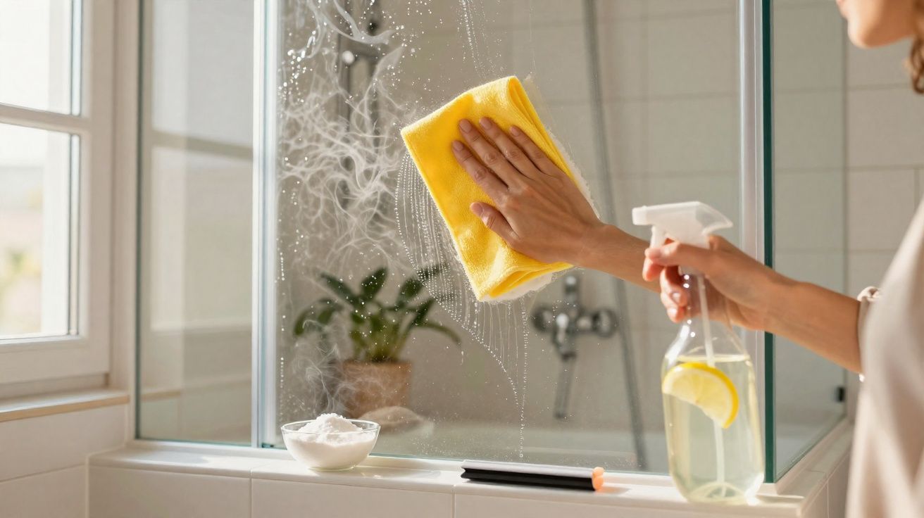 Pessoa a limpar um espelho de casa de banho com um pano amarelo e um spray de limpeza caseiro com limão.