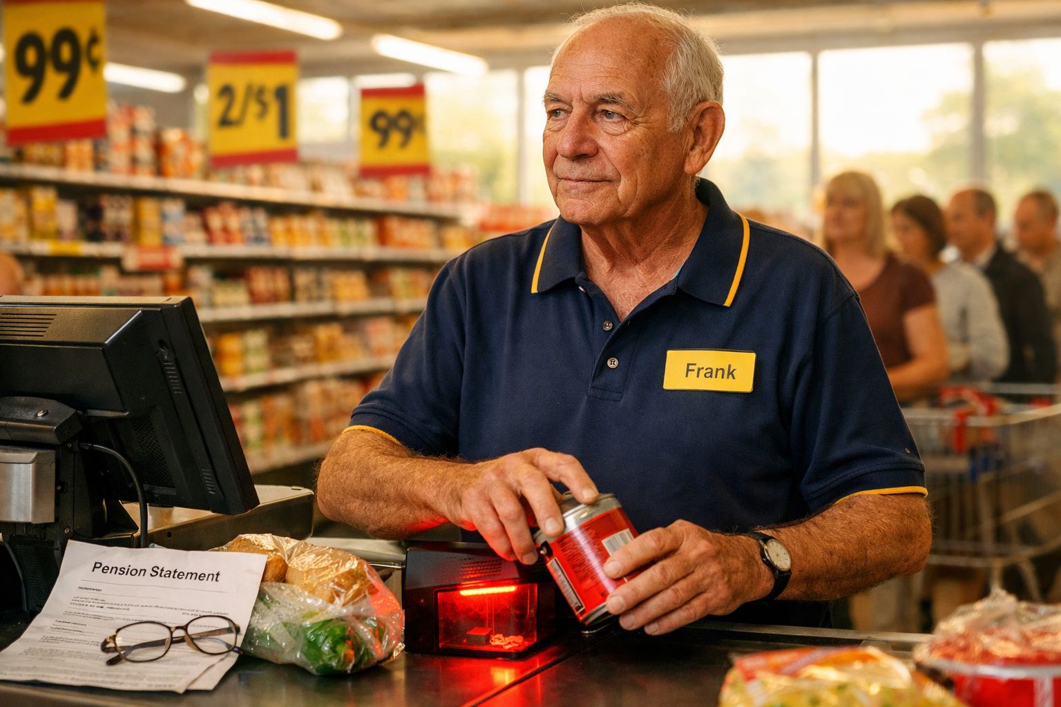 Funcionário idoso chamado Frank a passar artigos no supermercado com fila de clientes ao fundo.