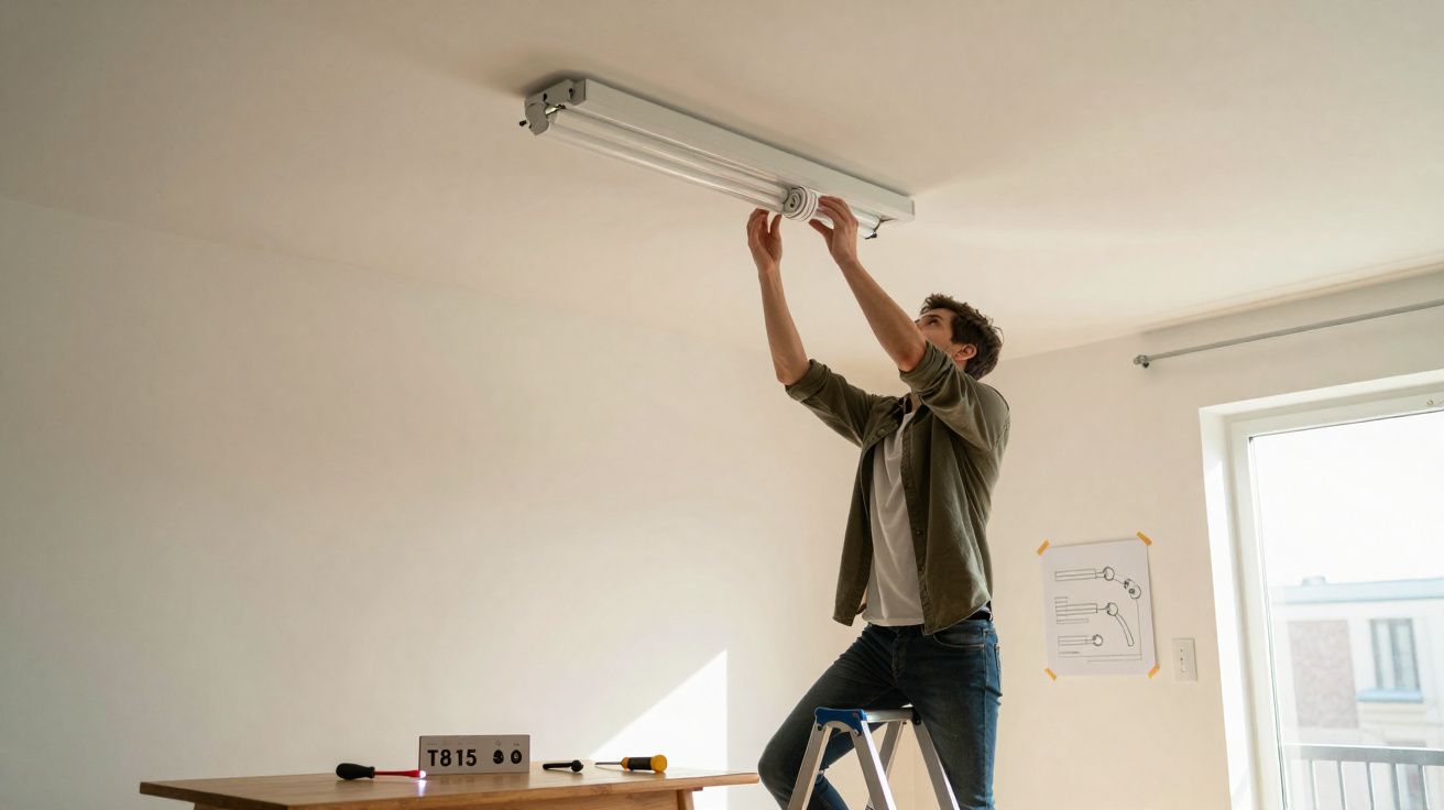 Homem em escada a substituir lâmpada fluorescente no teto de uma sala iluminada pela luz natural.