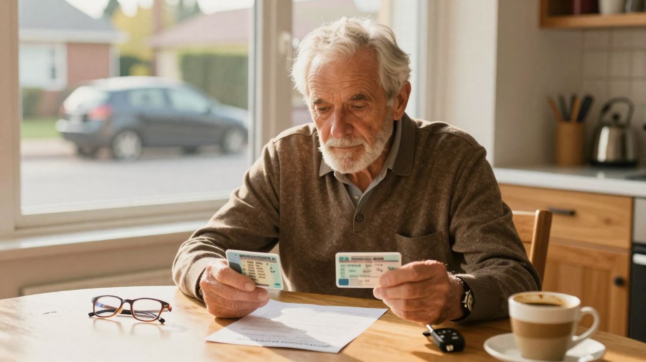 Homem idoso sentado à mesa, a comparar dois cartões de identificação junto a documentos e uma chávena de café.