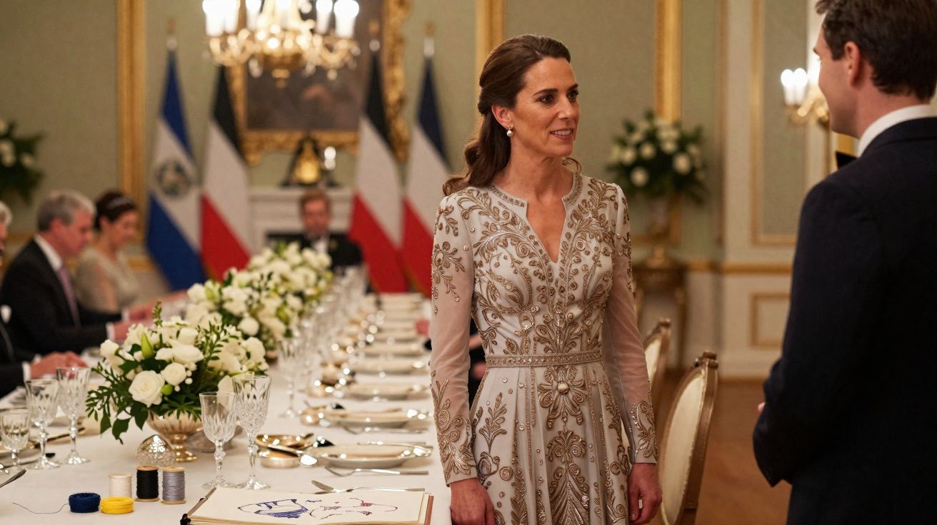 Mulher elegante em vestido bordado conversa num salão luxuoso com mesa de jantar decorada ao fundo.