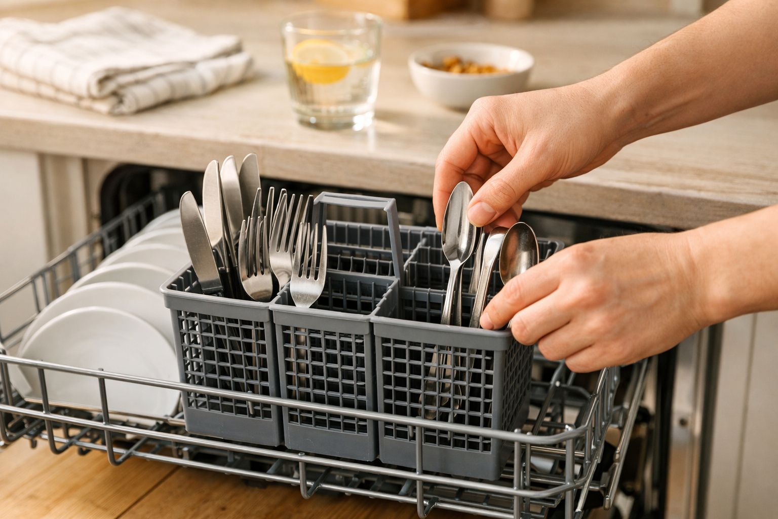 Mãos a colocar talheres num tabuleiro do lava-louças com pratos brancos ao lado numa cozinha.