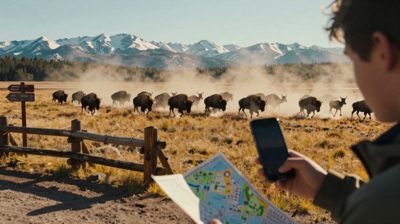 Pessoa segura mapa e telemóvel enquanto observa manada de bisontes a atravessar campo em área montanhosa.