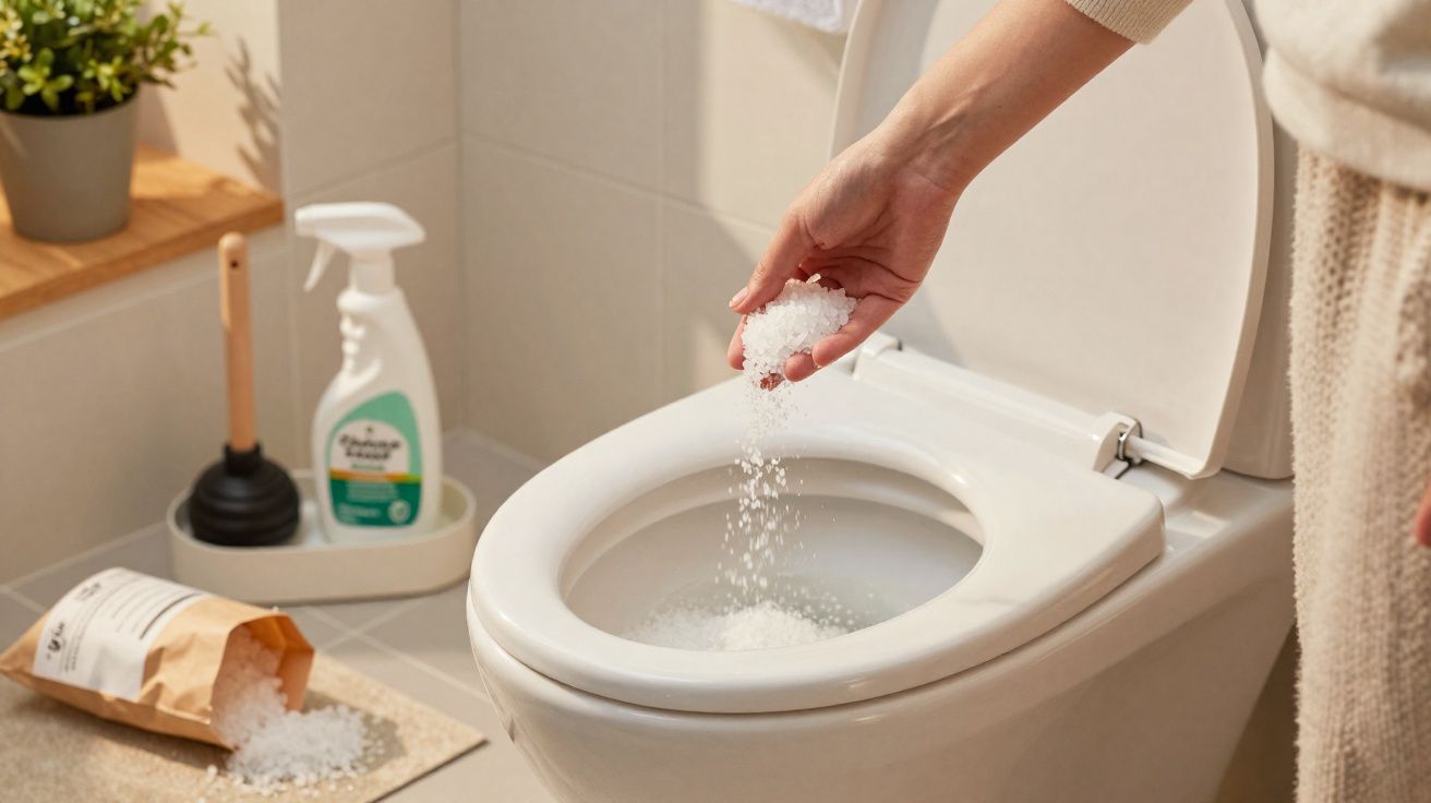 Pessoa a deitar sal grosso numa sanita aberta numa casa de banho com produtos de limpeza à volta.