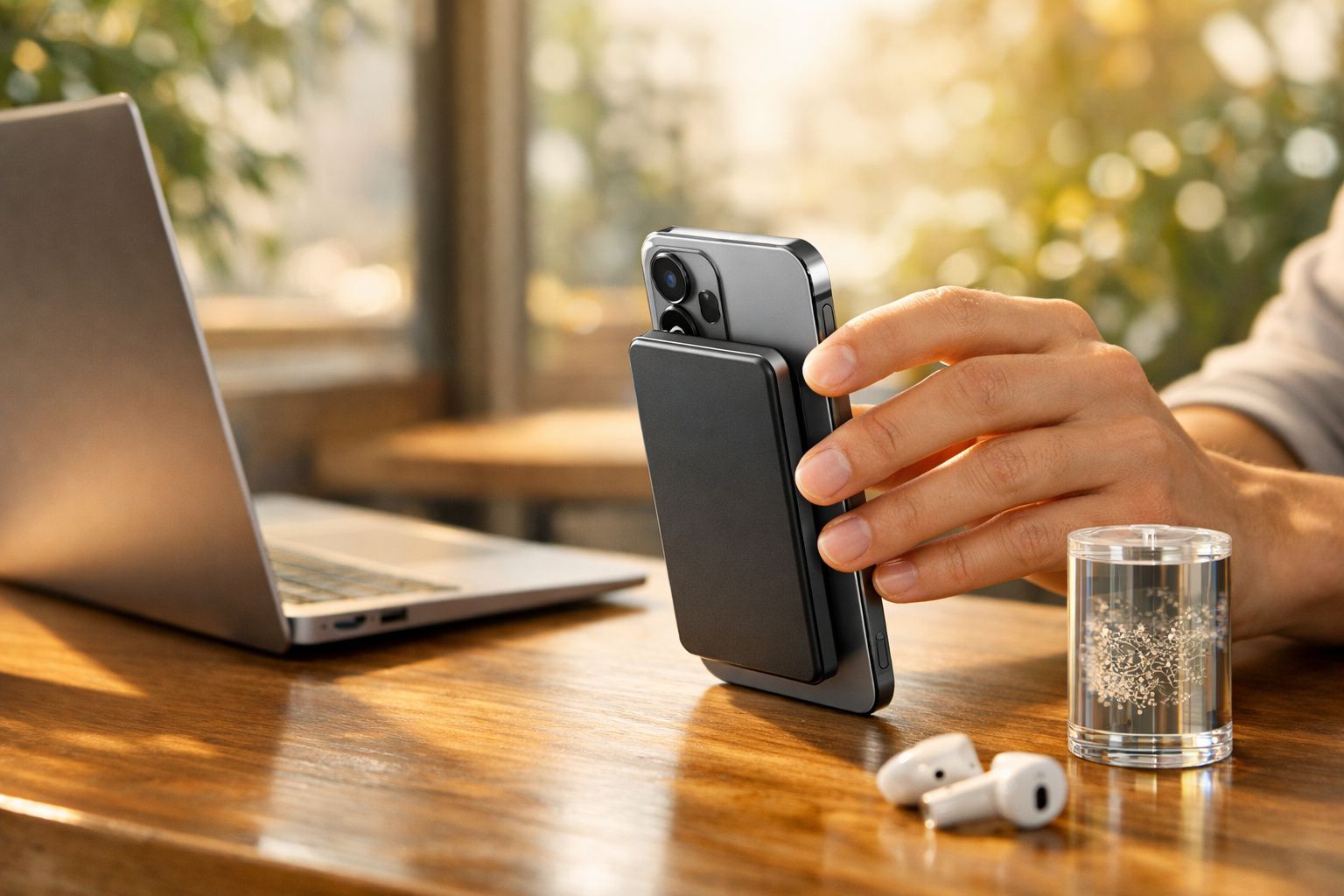 Mão a segurar smartphone com power bank magnético, laptop ao fundo e auscultadores sobre mesa de madeira.