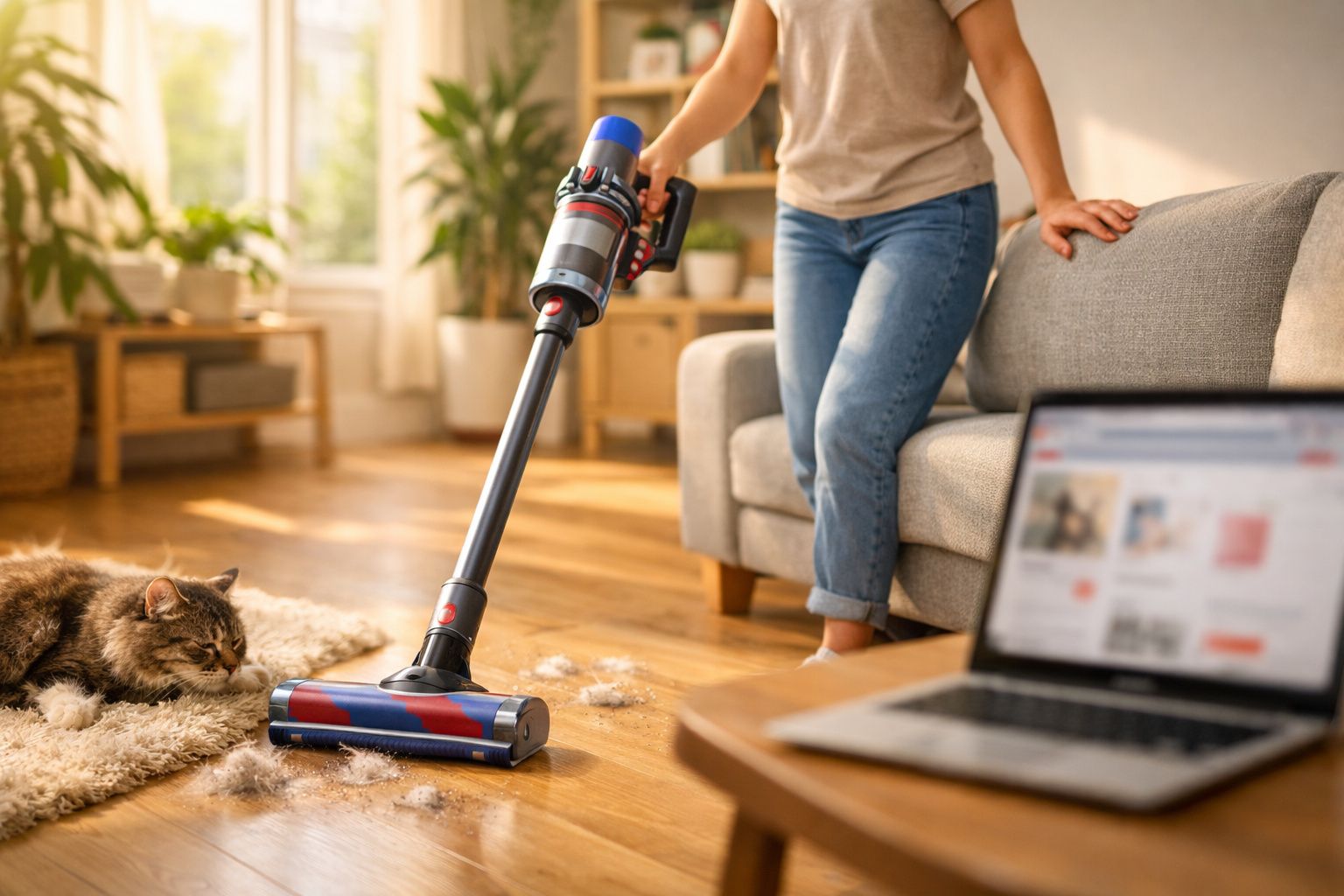 Pessoa a aspirar cabelo de gato no chão com aspirador sem fios numa sala com gato e computador portátil.