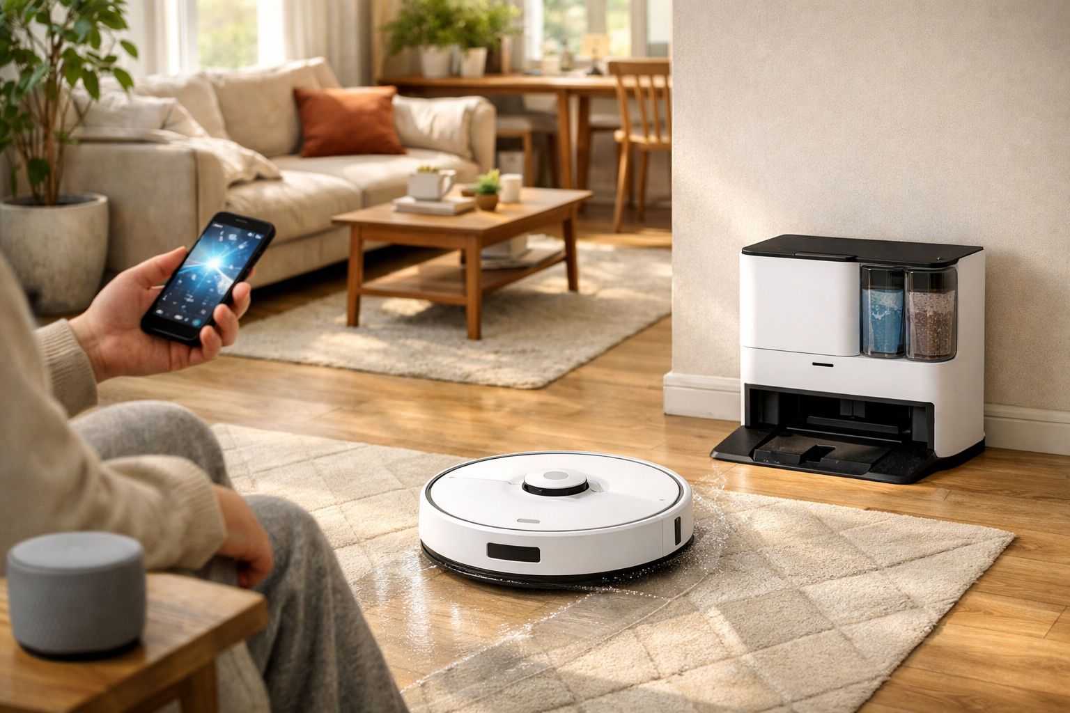 Robô aspirador a limpar tapete numa sala enquanto pessoa controla com telemóvel.