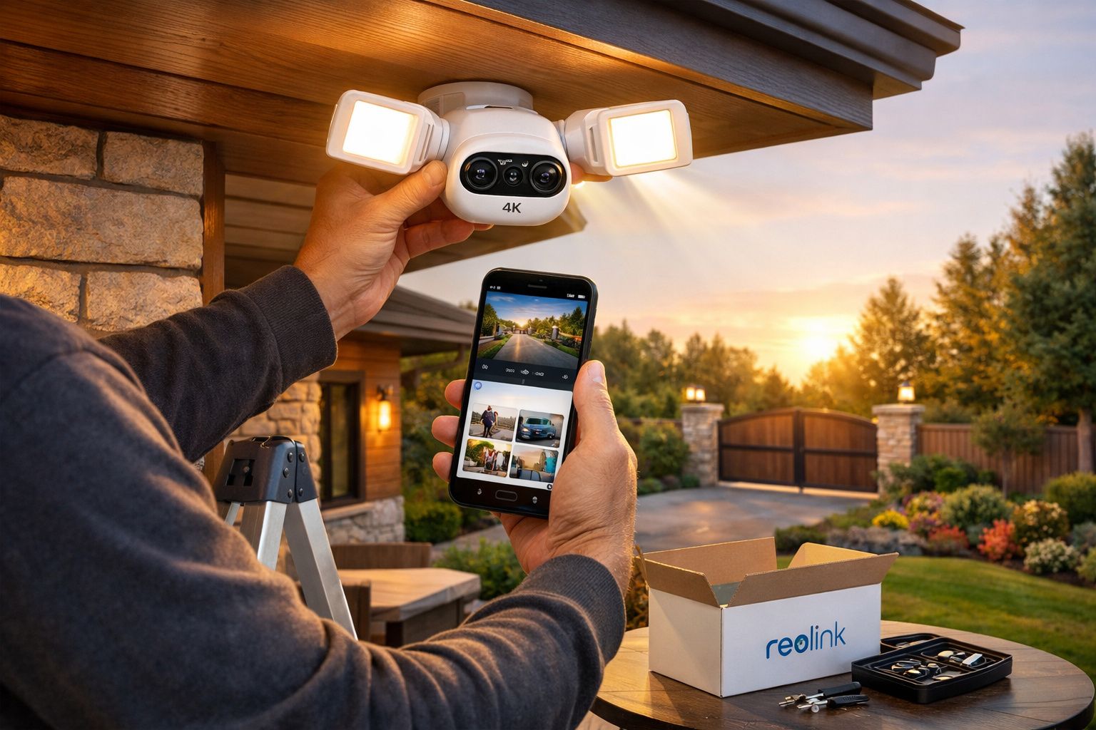 Pessoa a instalar câmara de segurança 4K com luzes de deteção e a visualizar app num smartphone ao pôr do sol.