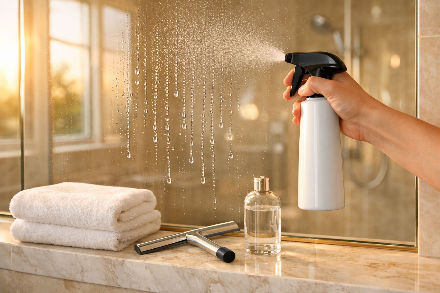 Mão a pulverizar spray de limpeza num espelho de casa de banho com toalhas, borrifador e frasco no balcão.