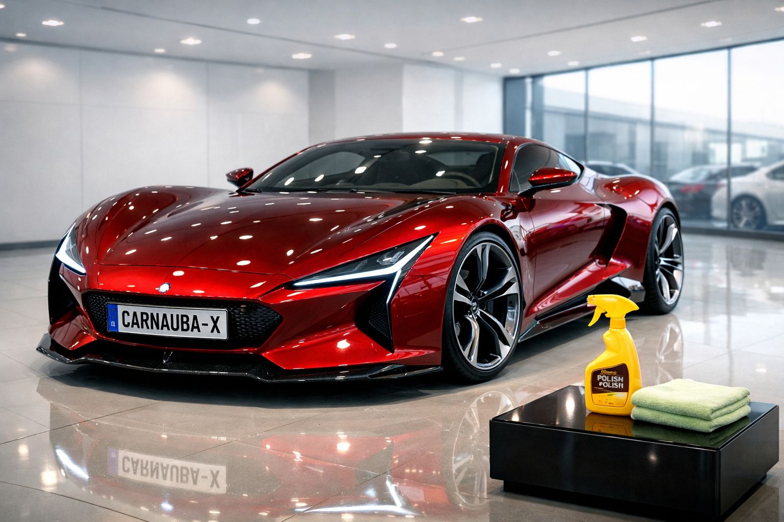 Carro desportivo vermelho brilhante estacionado em espaço interior, ao lado de frasco de polidor e panos verdes.