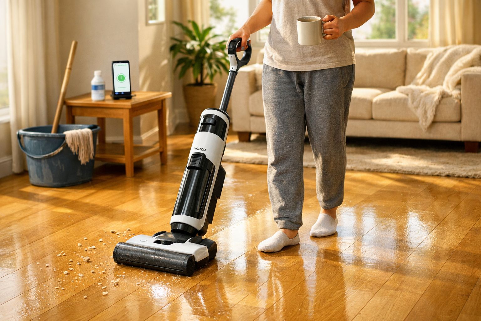 Pessoa a aspirar chão de madeira com aspirador vertical num ambiente doméstico acolhedor.