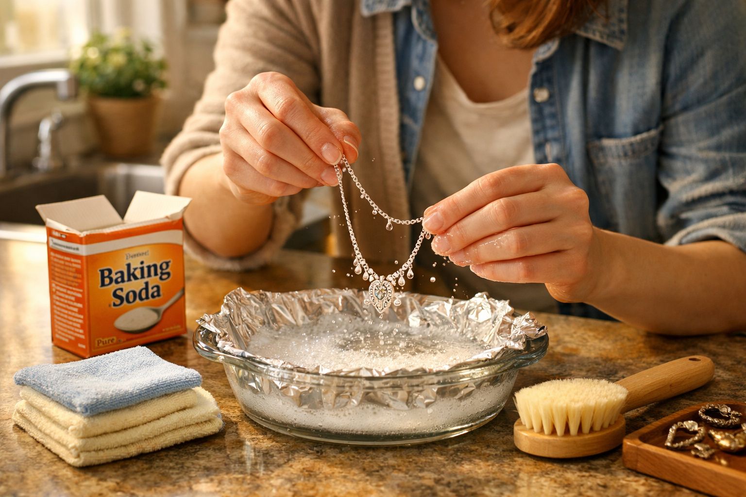 Pessoa a limpar um colar prateado com bicarbonato de sódio e água numa tigela forrada com alumínio.