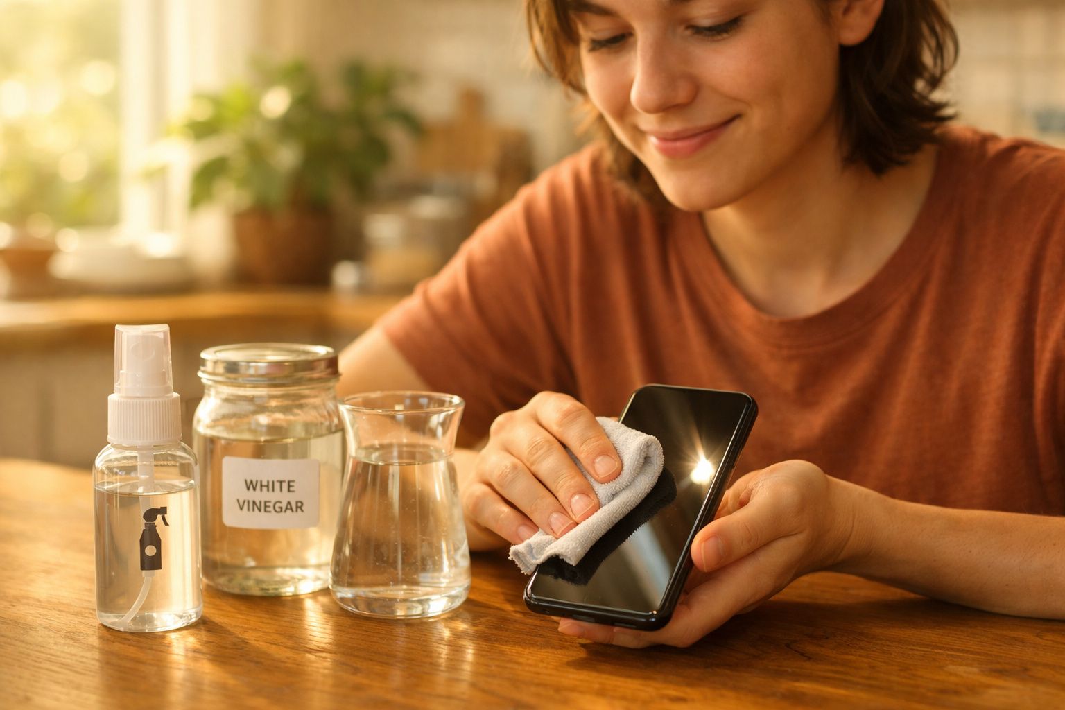 Pessoa a limpar ecrã de smartphone com pano, ao lado de frascos de vinagre branco e spray de limpeza.