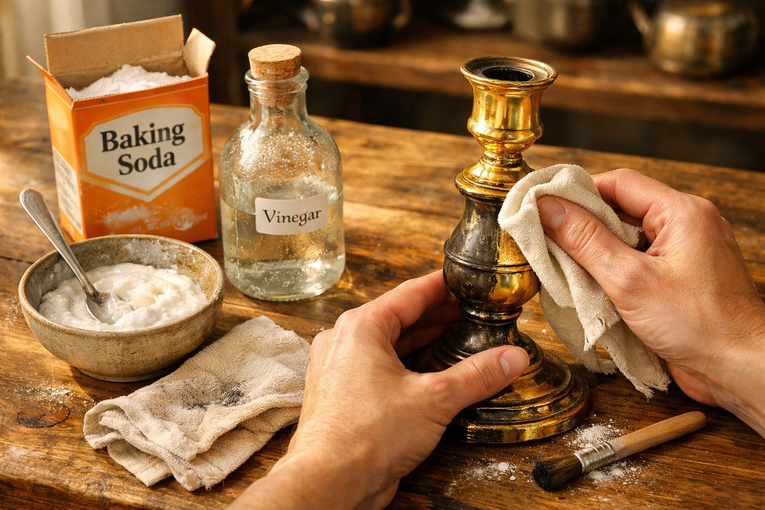 Mãos a limpar um castiçal de latão com um pano, ao lado de bicarbonato de sódio, vinagre e uma tigela com pasta de limpeza.