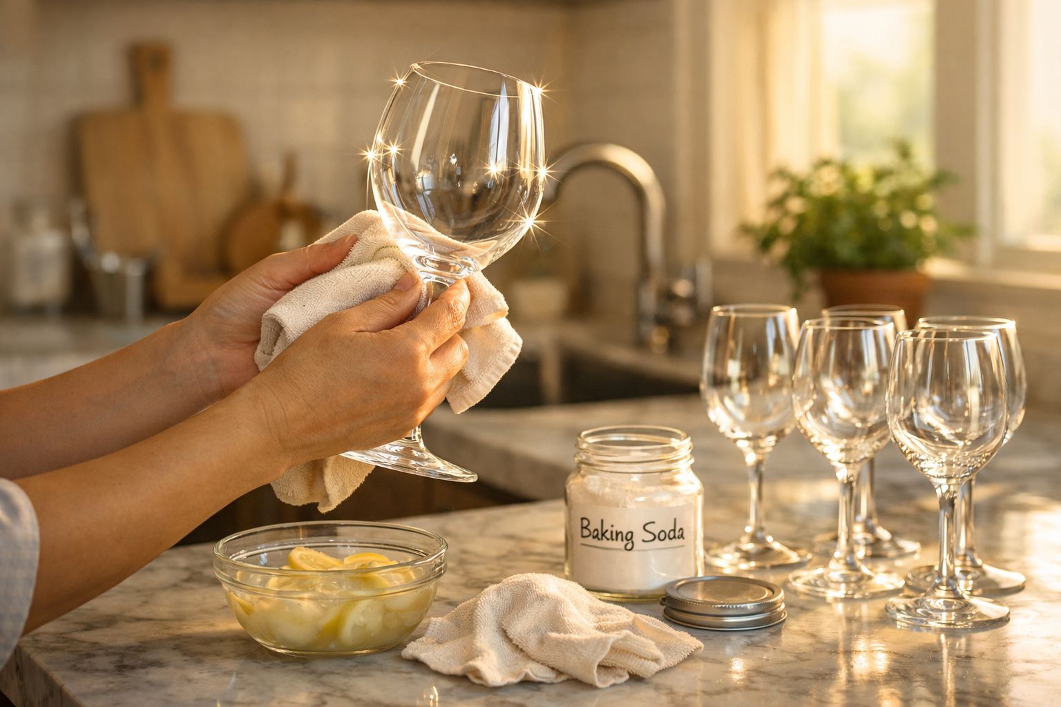 Pessoa a limpar taça de vidro brilhante na cozinha com bicarbonato, limão e toalha sobre bancada de pedra.