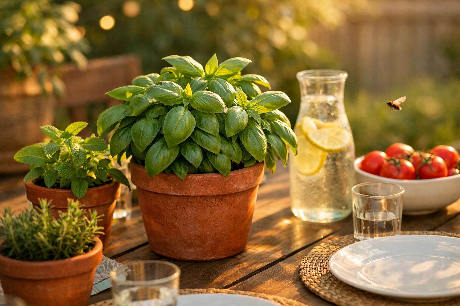 Vasos de plantas aromáticas, jarra com limão, tomate, copos e prato numa mesa de madeira ao ar livre.