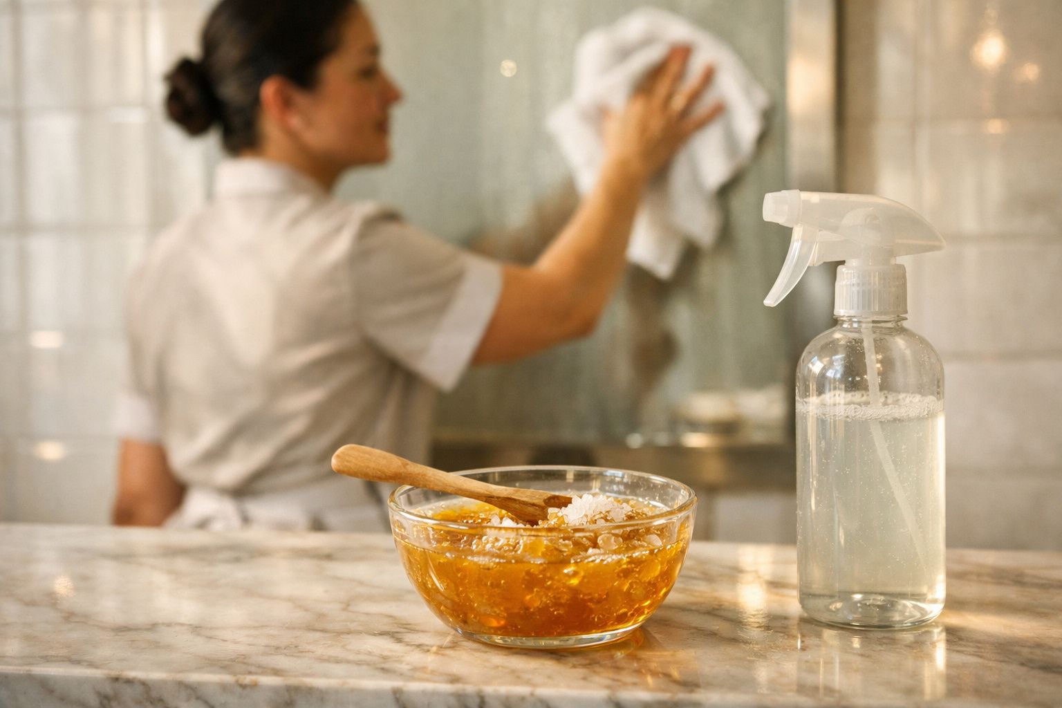 Pessoa a limpar vidro com pano, spray de limpeza e recipiente com líquido e colher em superfície de mármore.